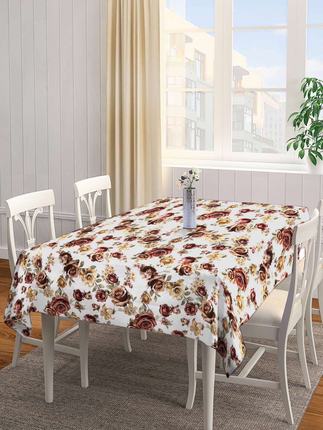 Arrabi White & Brown Floral Printed 6-Seater Rectangle Table Cover