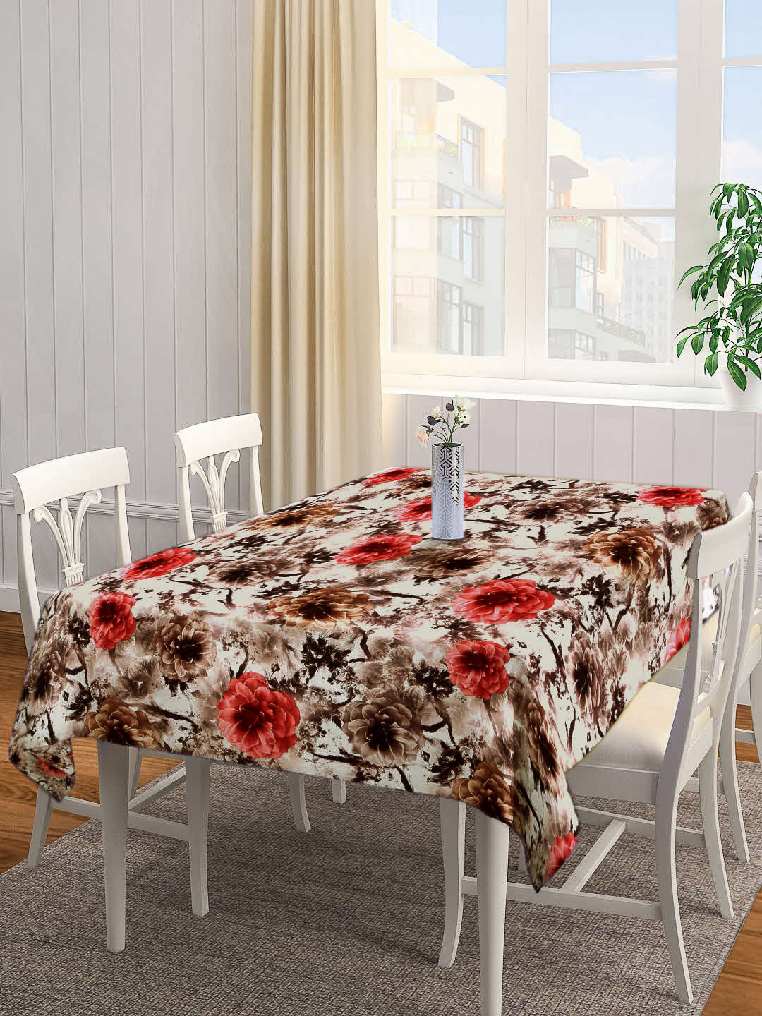Arrabi Beige & Red Printed Rectangular 6-Seater Table Cover