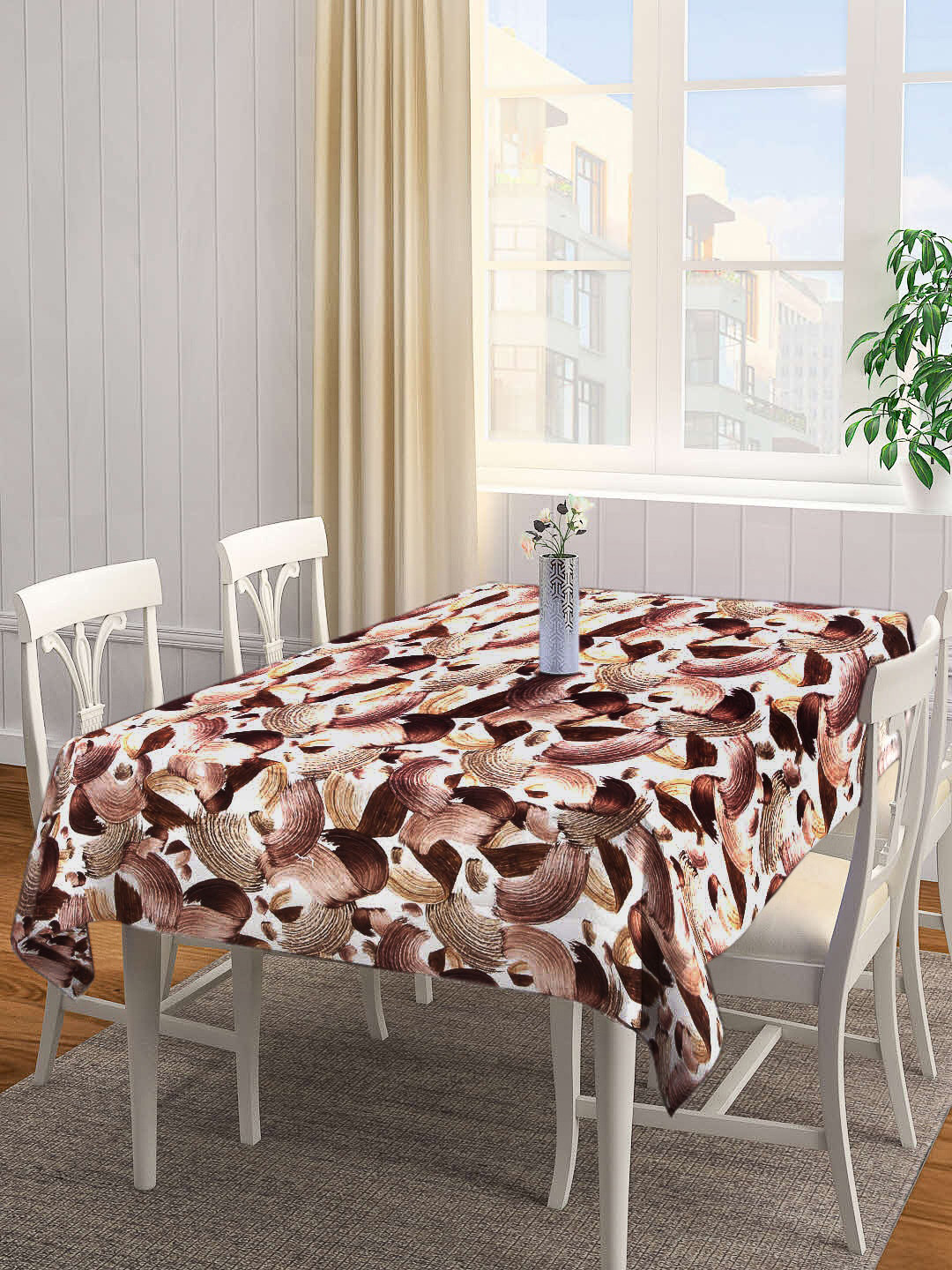 Arrabi Brown & White Printed Rectangular 6-Seater Table Cover