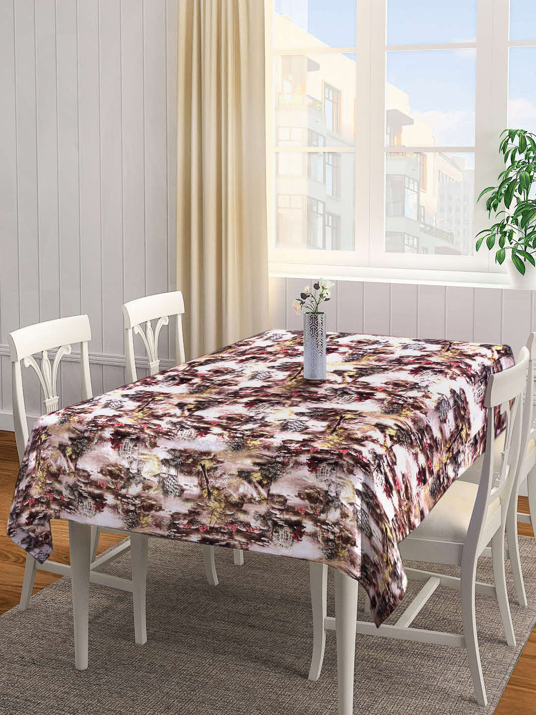 Arrabi White & Brown Floral Printed 6-Seater Rectangle Table Cover
