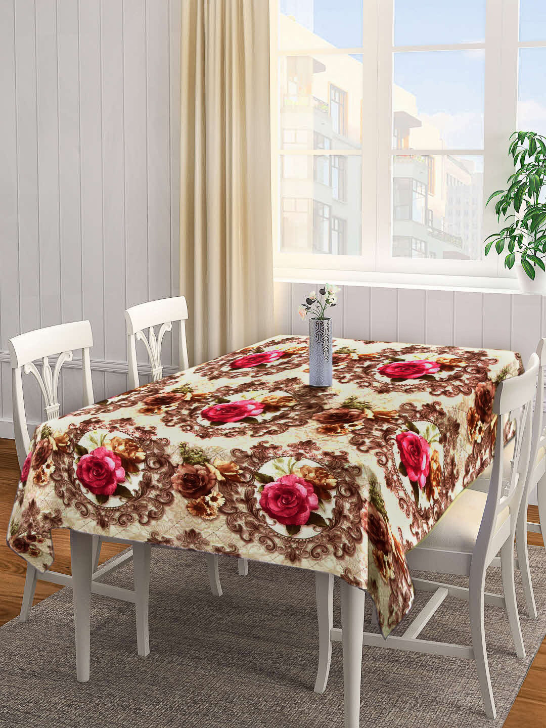 Arrabi Brown & Rose Floral Printed 6-Seater Table Cover
