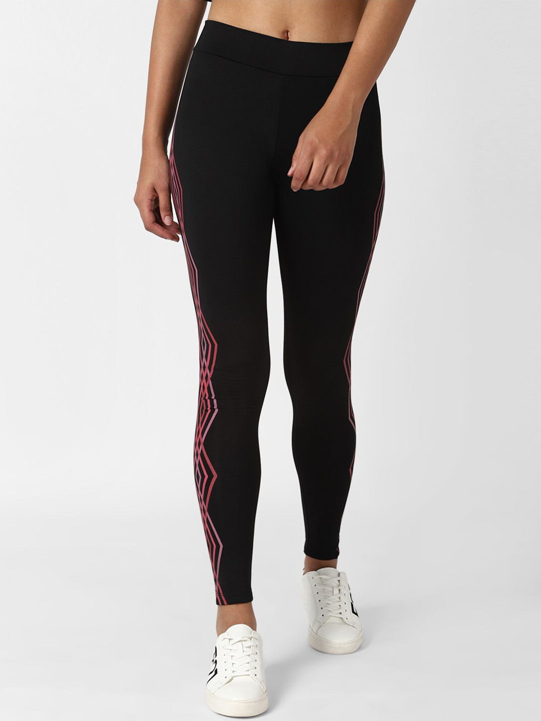 FOREVER 21 Women Black & Pink Side Striped Ankle-Length Leggings