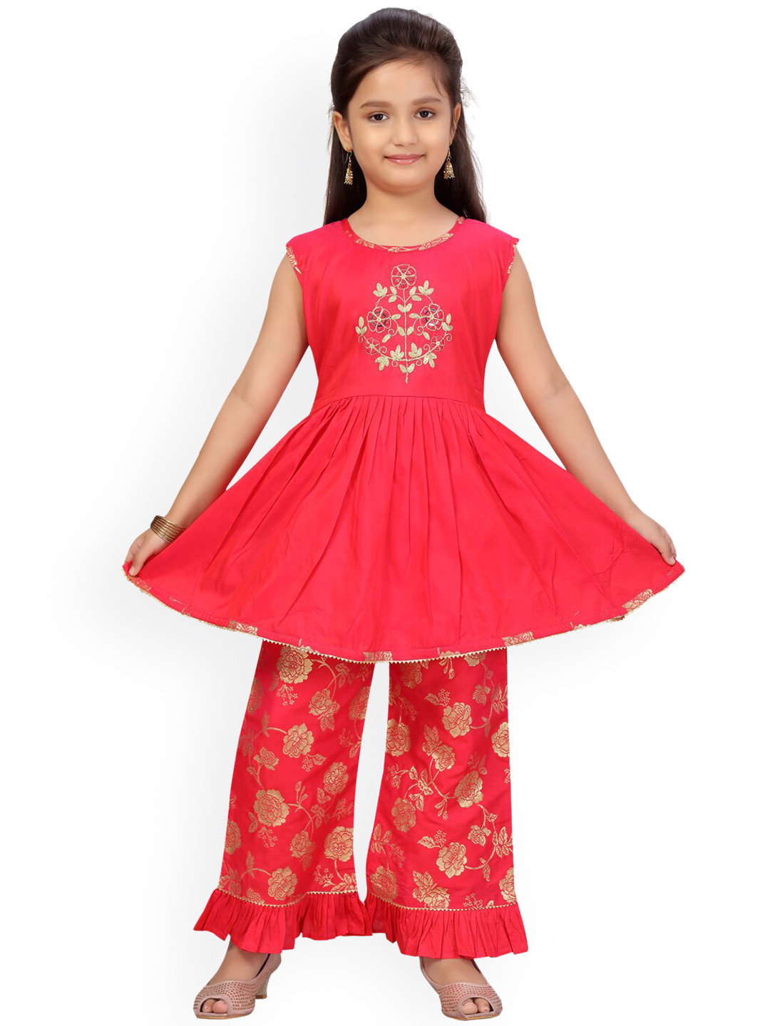 Aarika Girls Red Floral Embroidered Empire Gotta Patti Pure Silk Kurta with Sharara