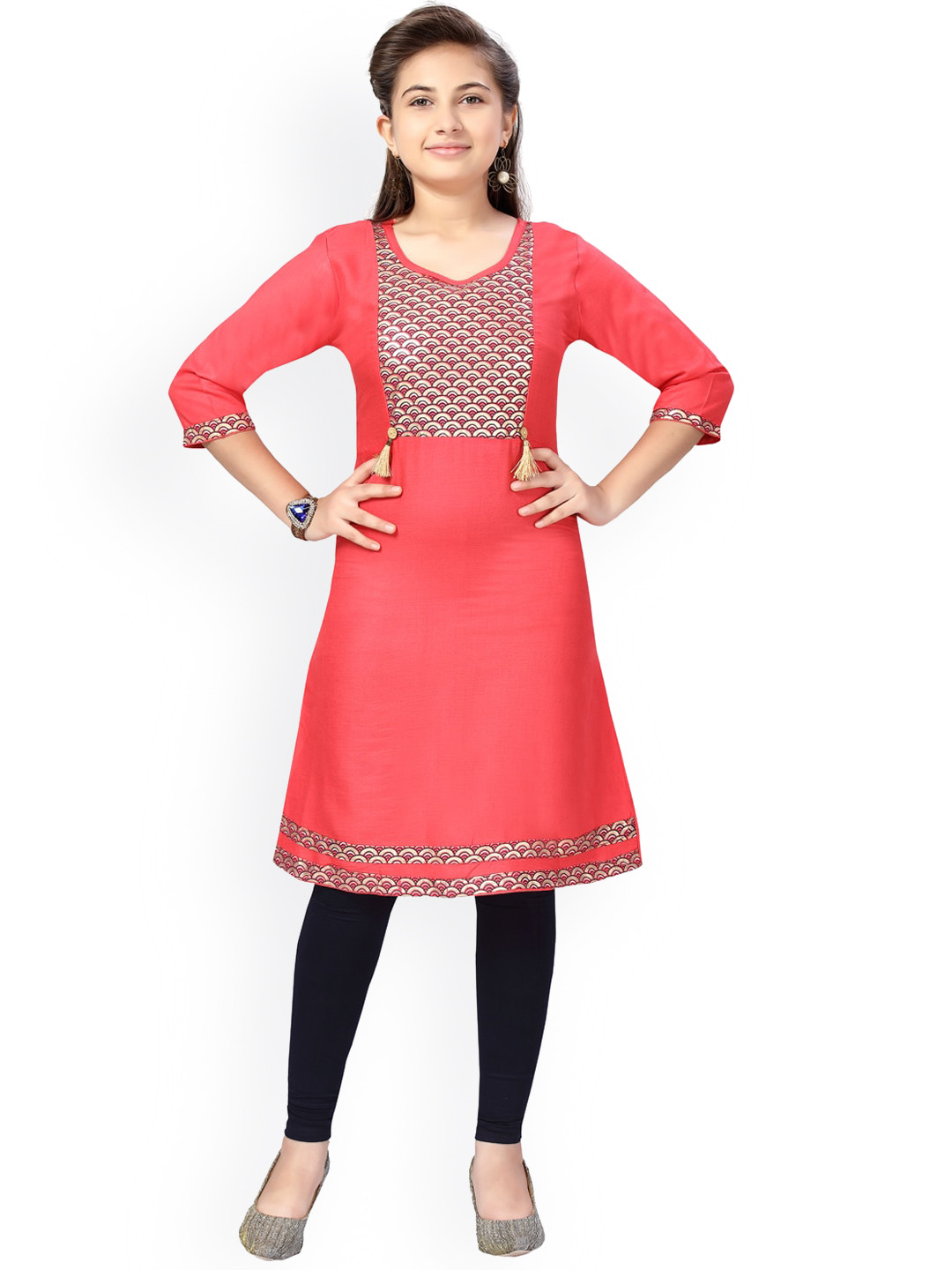Aarika Girls Red Yoke Design Pure Cotton Kurta with Trousers