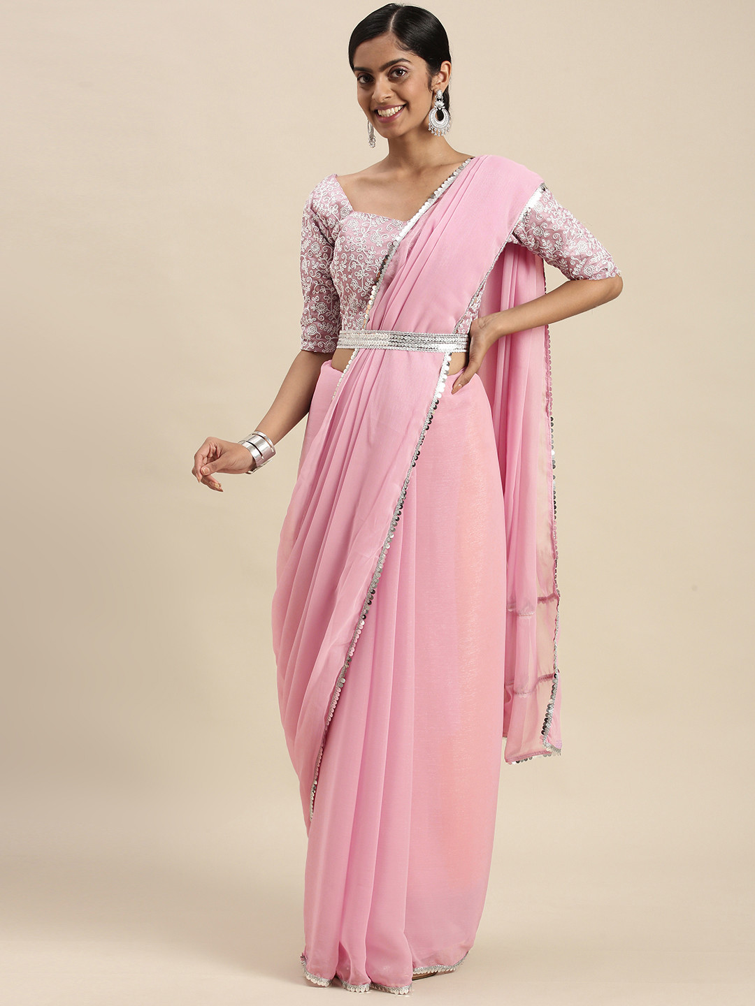 Mitera Pink Sequinned Border Saree