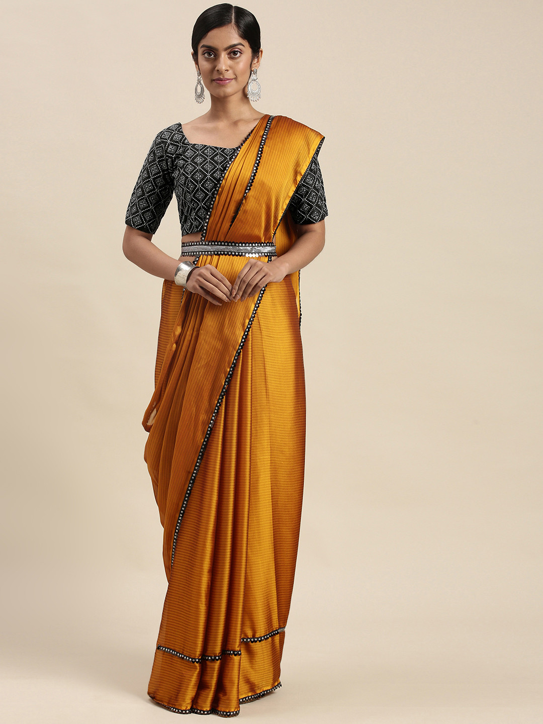 Mitera Mustard Yellow Sequinned Border Saree