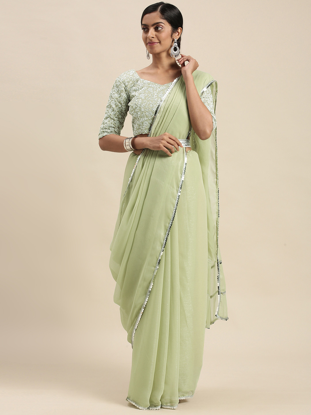 Mitera Green Sequinned Border Saree