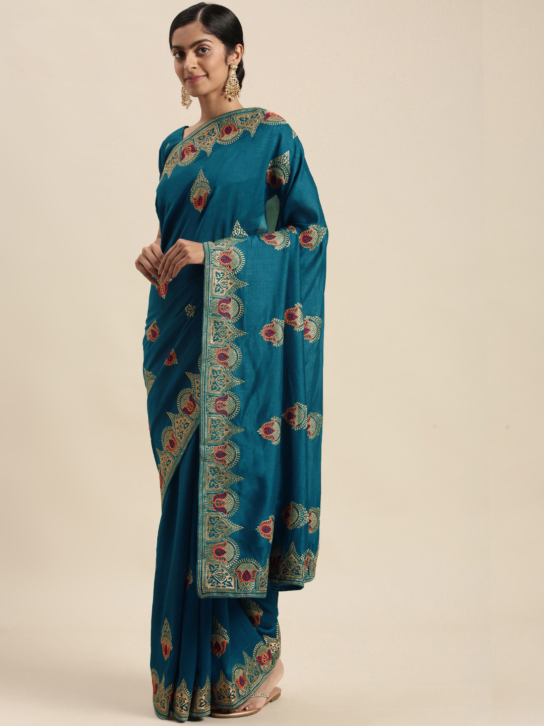 Mitera Teal Blue Ethnic Motifs Silk Blend Saree