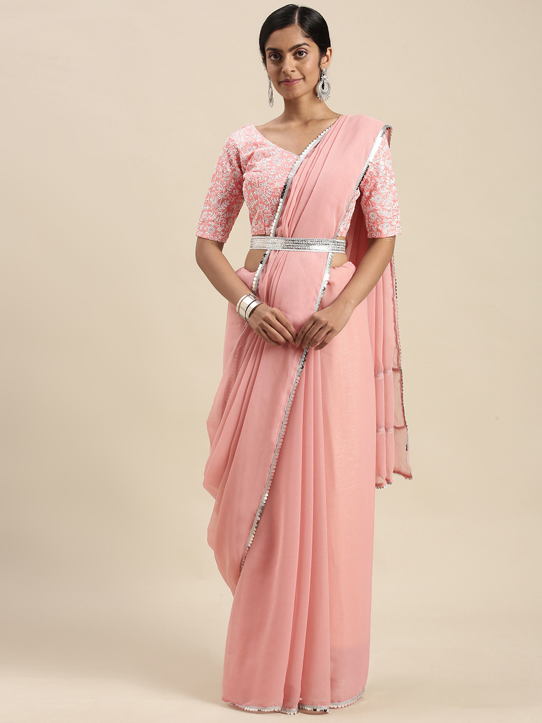 Mitera Pink Sequinned Border Saree