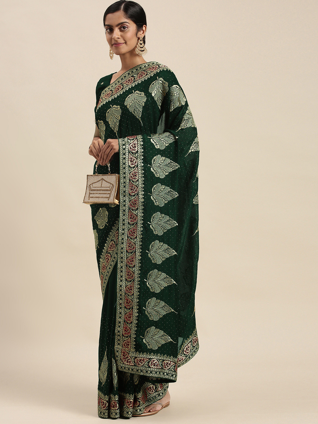 Mitera Green Floral Beads and Stones Silk Blend Saree