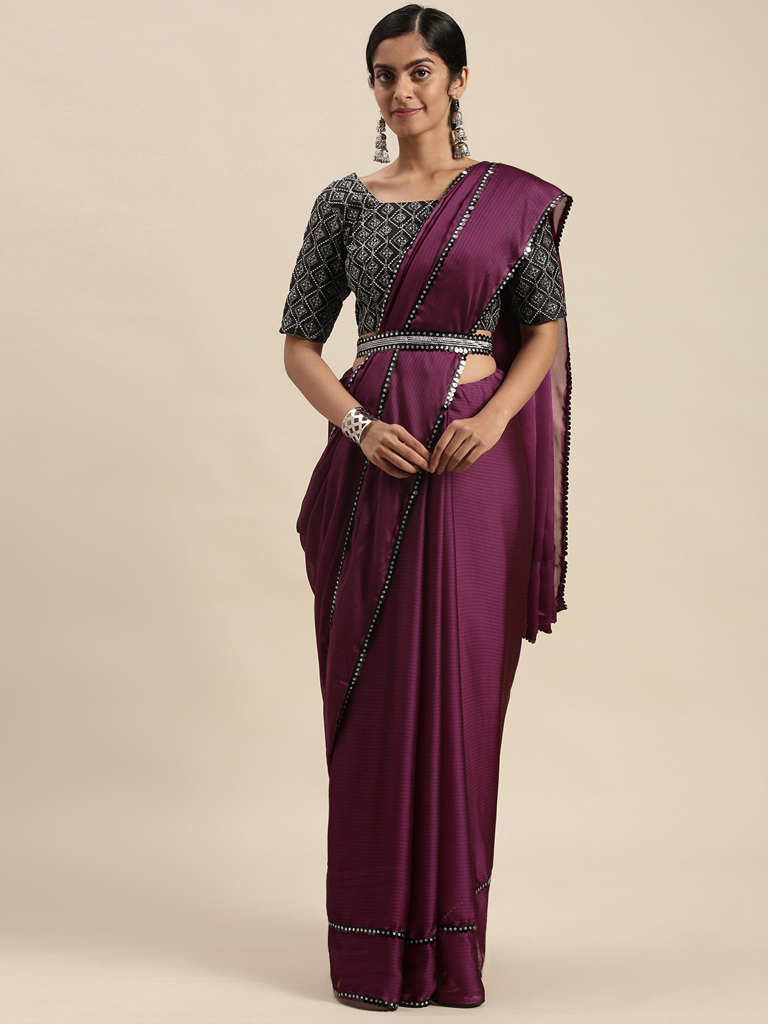 Mitera Purple Sequinned Border Saree