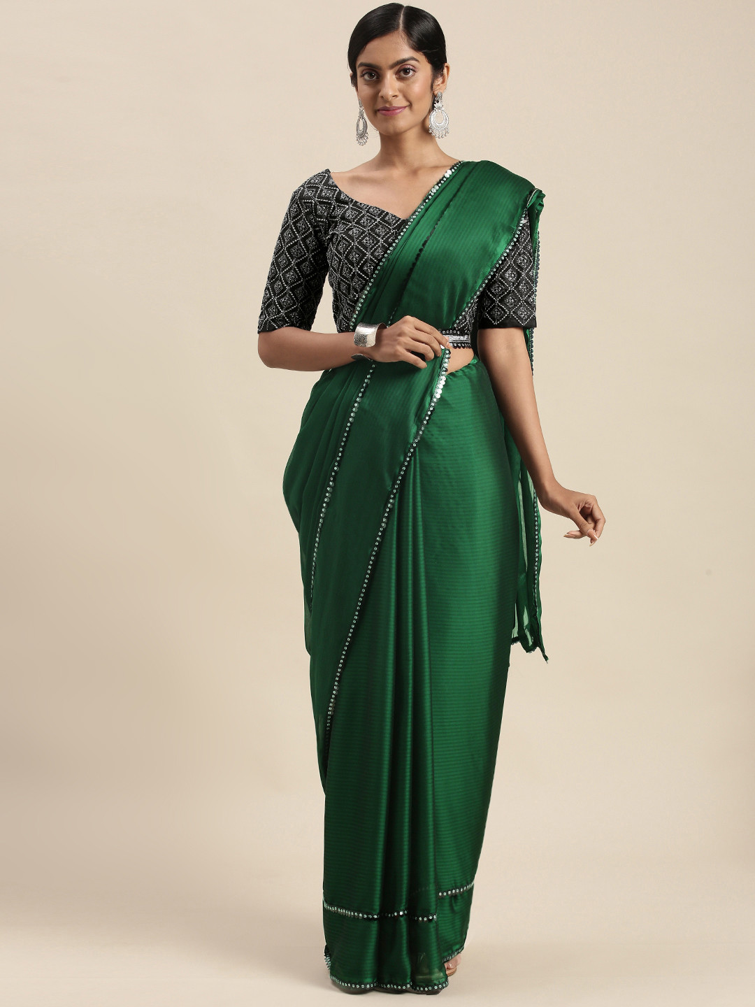 Mitera Green Sequinned Border Saree