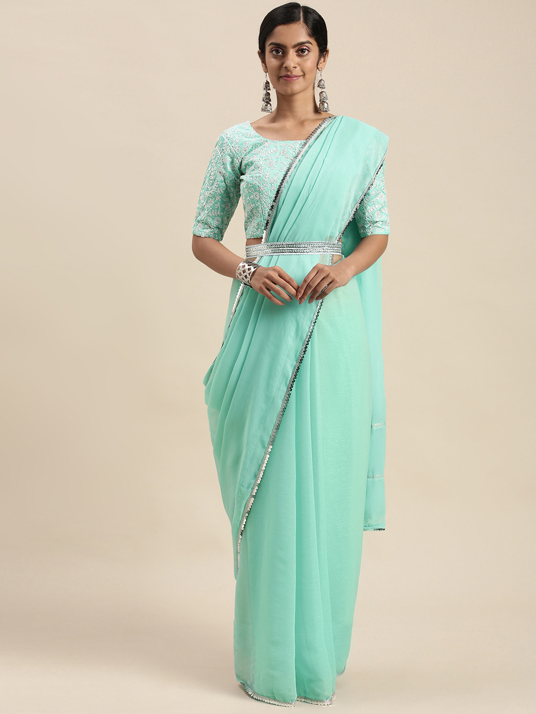 Mitera Turquoise Blue Sequinned Border Saree