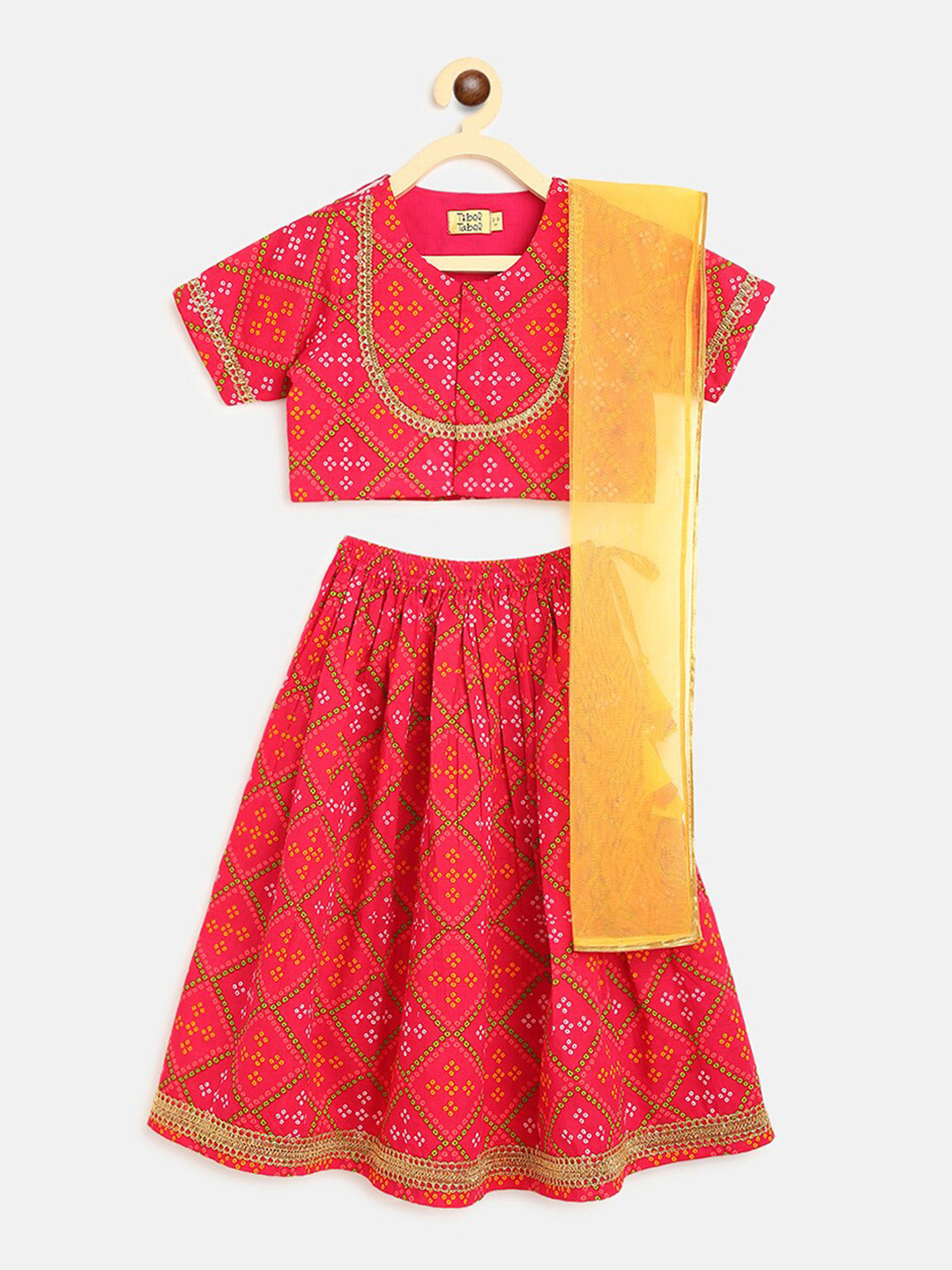 Tiber Taber Girls Pink & Green Printed Ready to Wear Lehenga & Blouse With Dupatta