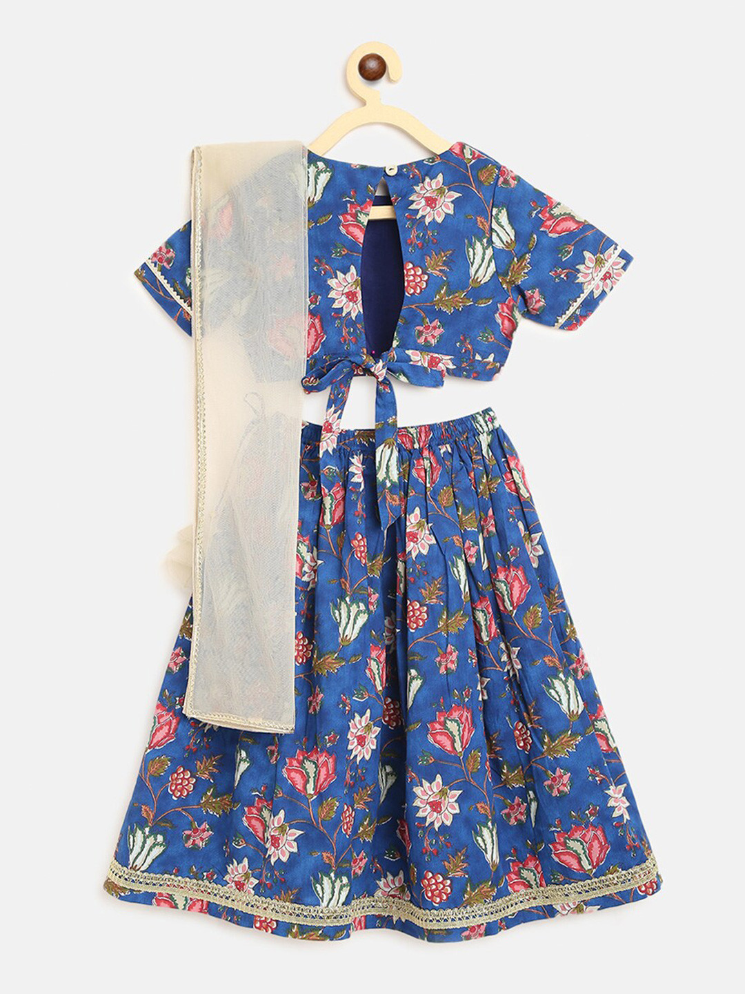 Tiber Taber Girls Blue & Pink Floral Printed Ready to Wear Lehenga & Blouse With Dupatta