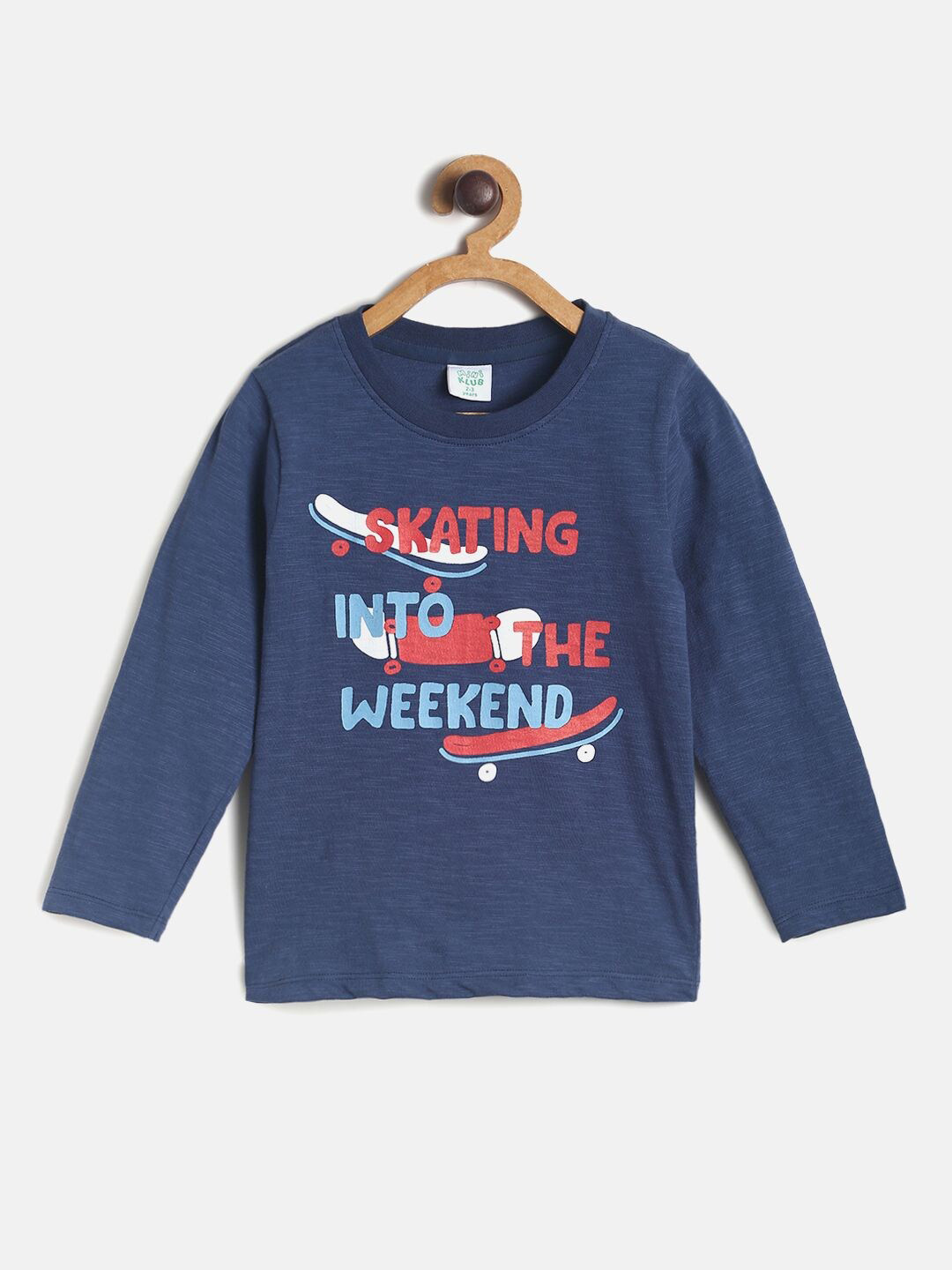 MINI KLUB Boys Navy Blue & Red Typography Printed Cotton T-shirt