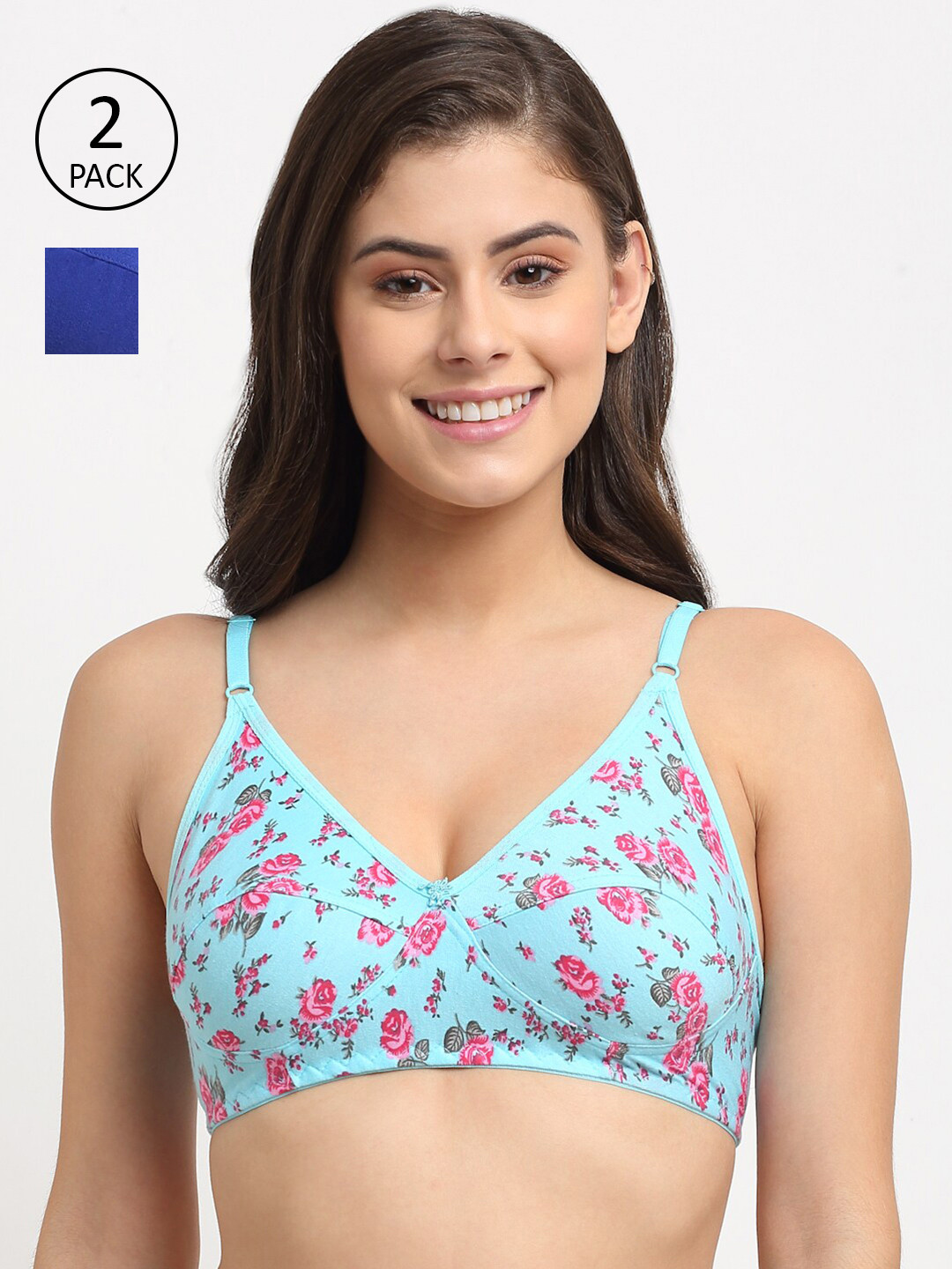 Friskers Turquoise Blue & Navy Blue Floral Push-Up Bra Pack of 2