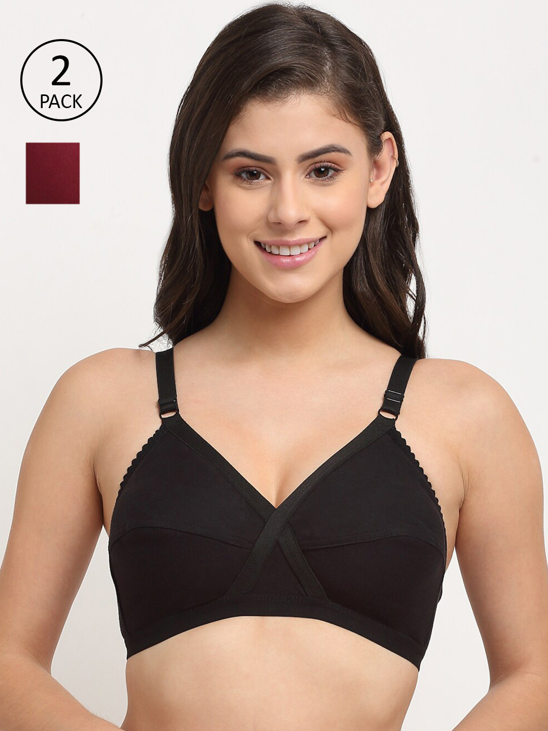 Friskers Pack of 2 Black & Maroon Cotton Balconette Bras