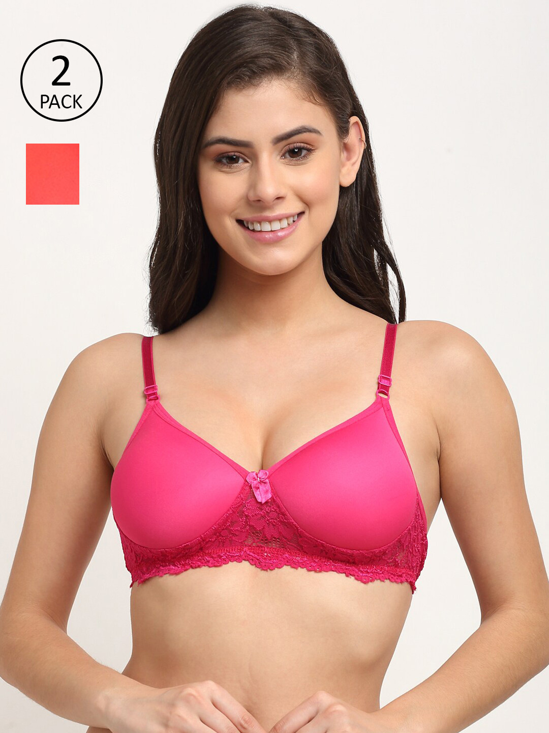 Friskers Pack of 2 Red & Pink Non wired Medium Coverage Push-Up Bra