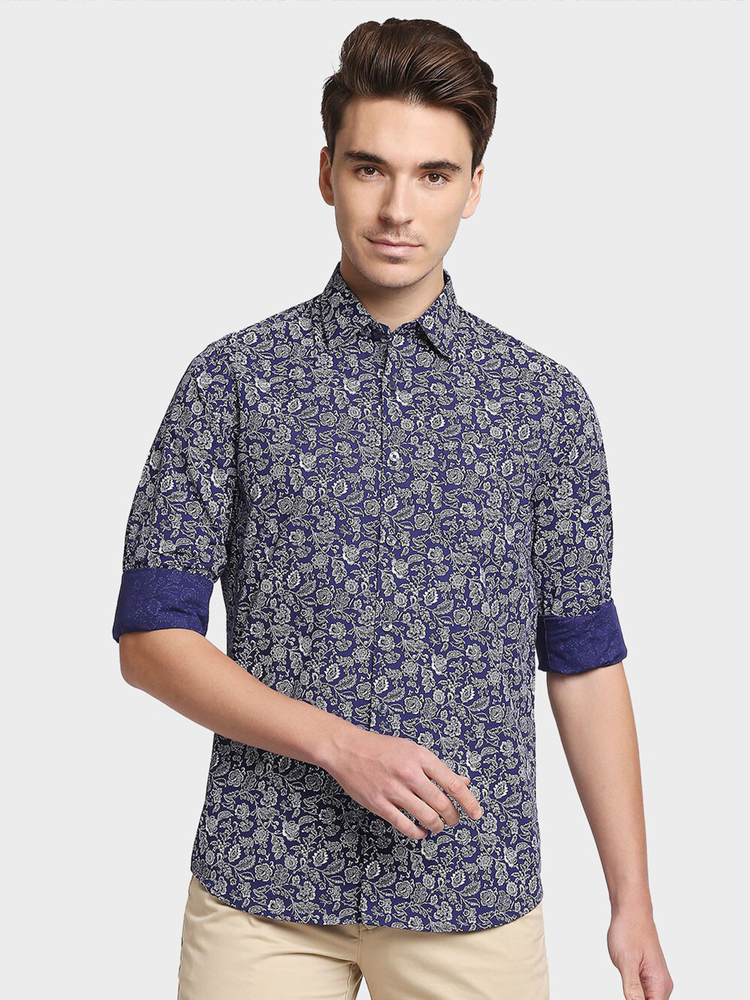 ColorPlus Men Blue Floral Opaque Printed Cotton Casual Shirt