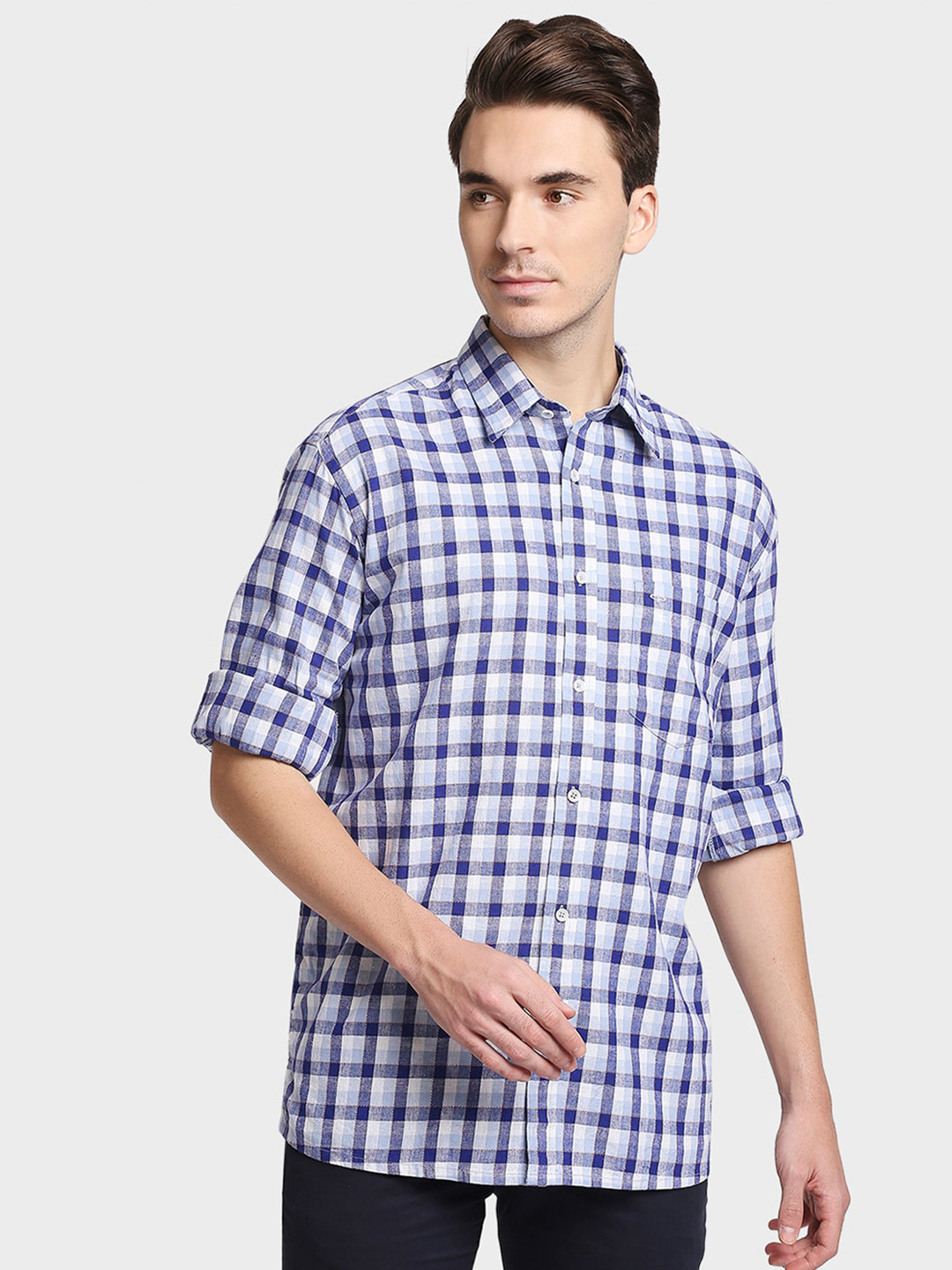 ColorPlus Men Blue Opaque Checked Casual Shirt