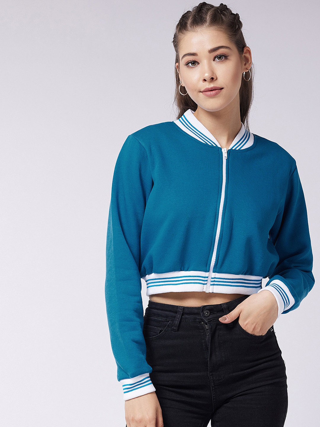 Miss Chase Women Teal White Fleece Crop Bomber Jacket