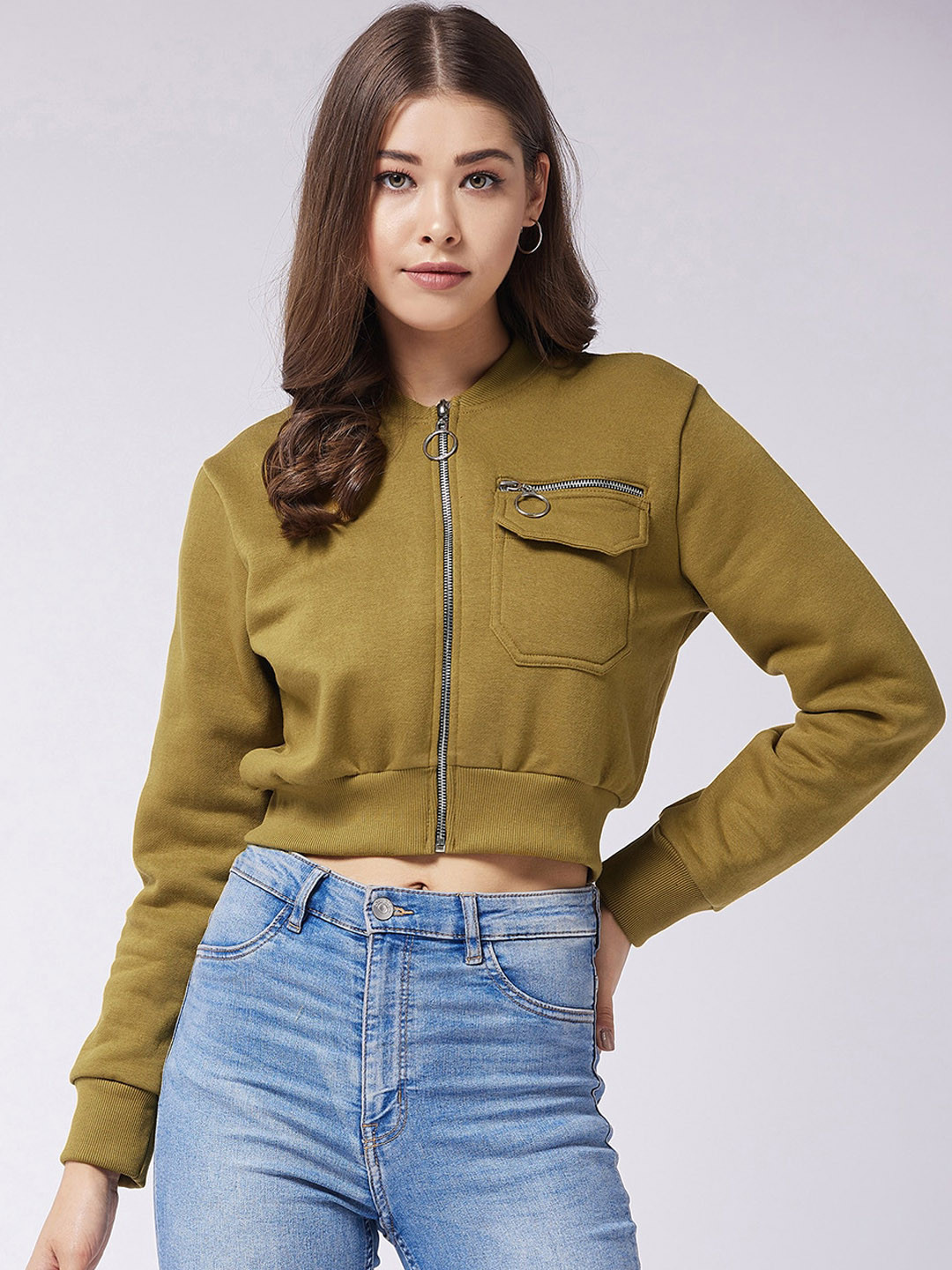 Miss Chase Women Green Fleece Crop Bomber Jacket
