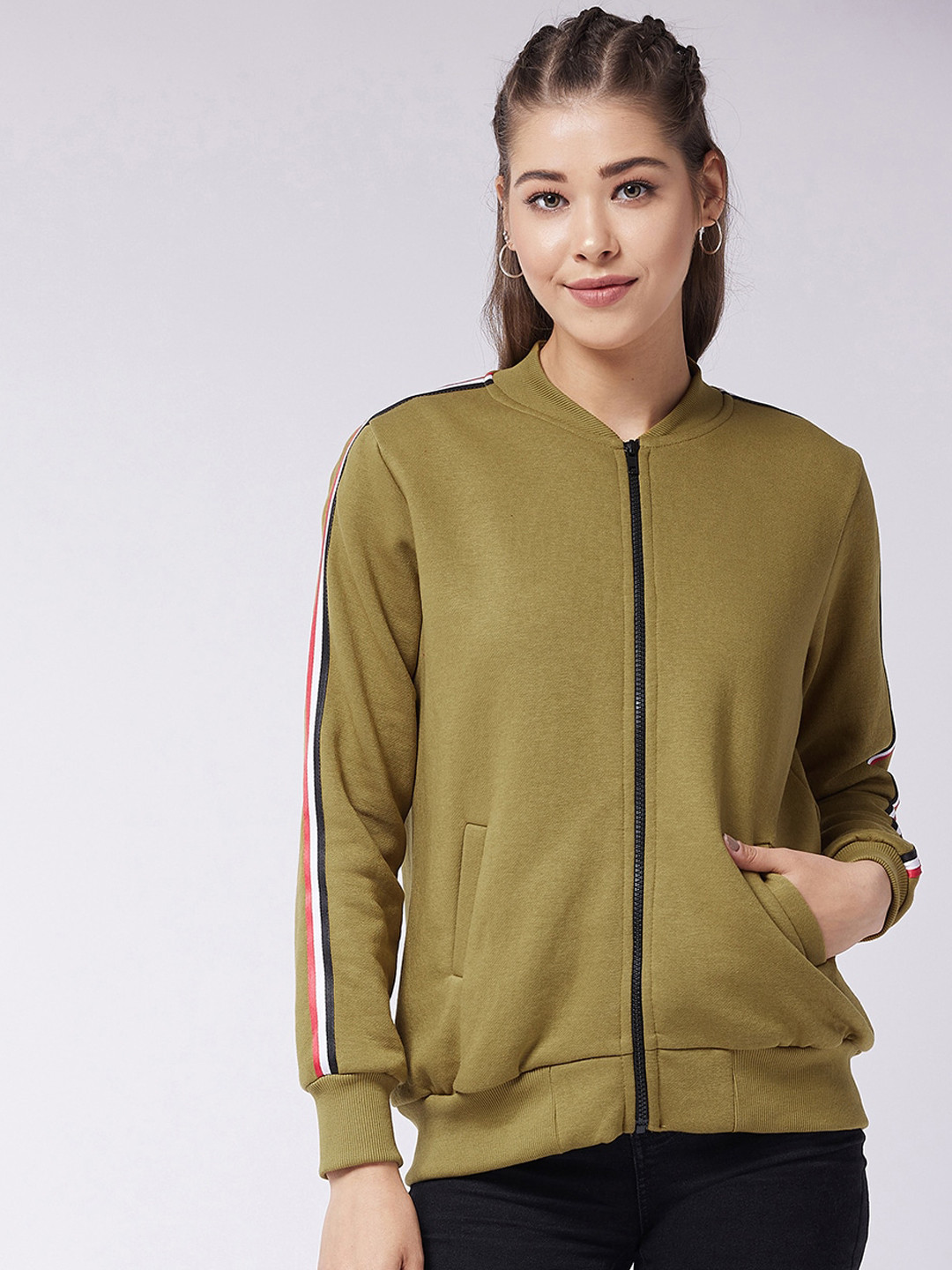 Miss Chase Women Green Fleece Bomber Jacket