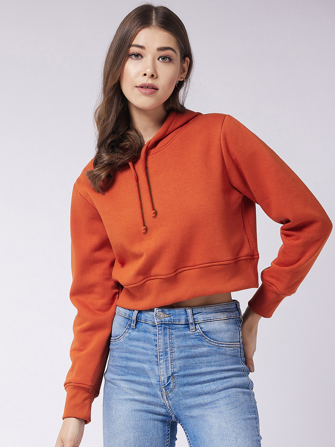 Miss Chase Women Rust Hooded Crop Sweatshirt