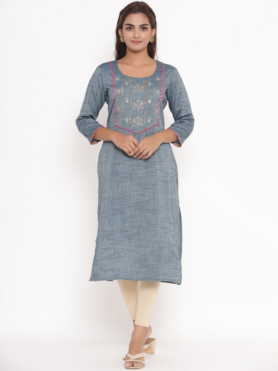 VEDANA Women Blue Ethnic Motifs Thread Work Kurta