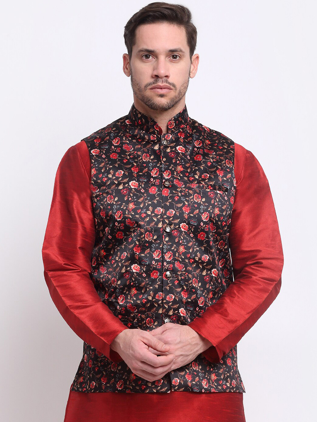 KRAFT INDIA Men Black & Red Floral Printed Woven Nehru Jacket