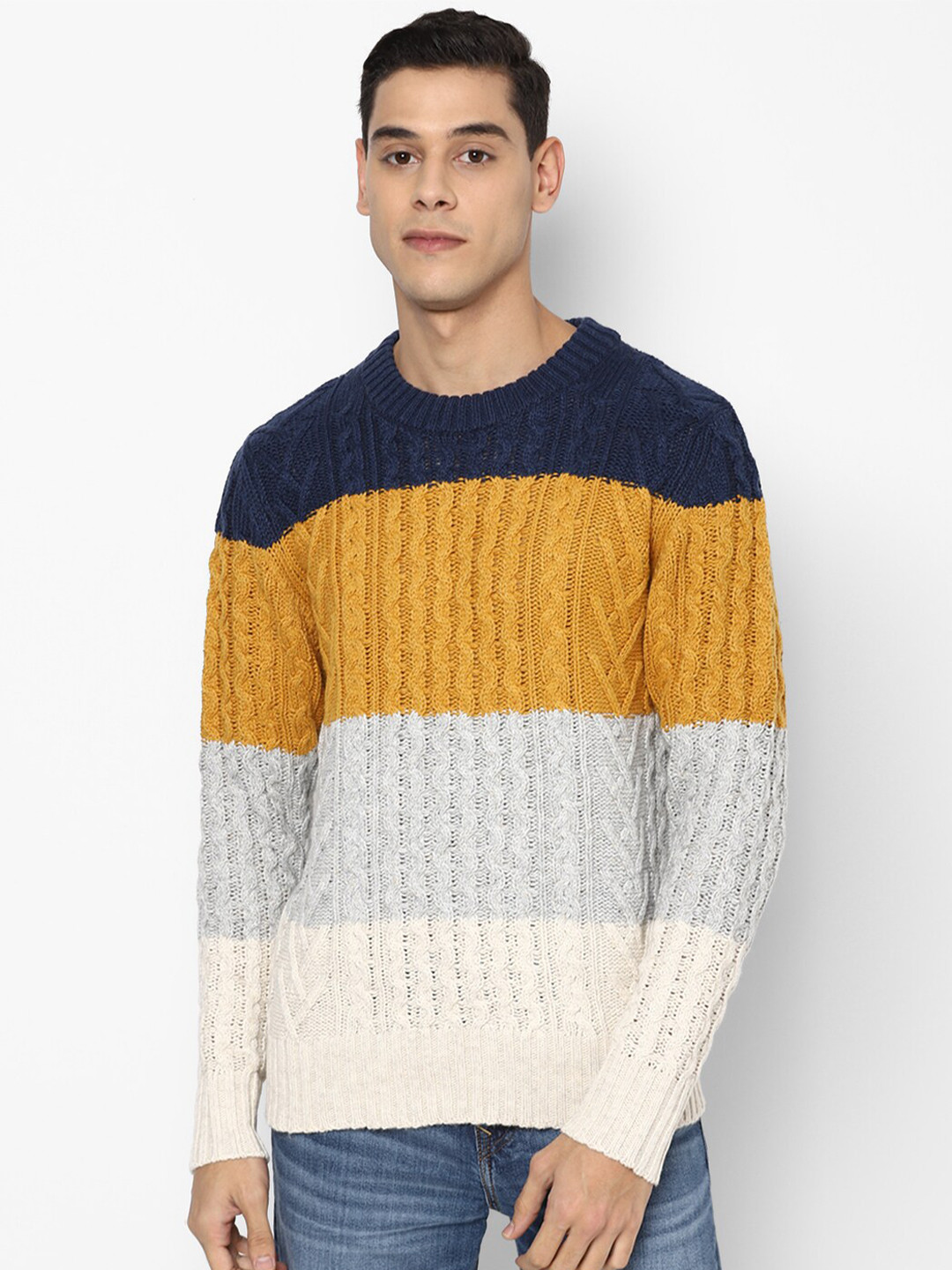 AMERICAN EAGLE OUTFITTERS Men Grey & Blue Cable Knit Pullover