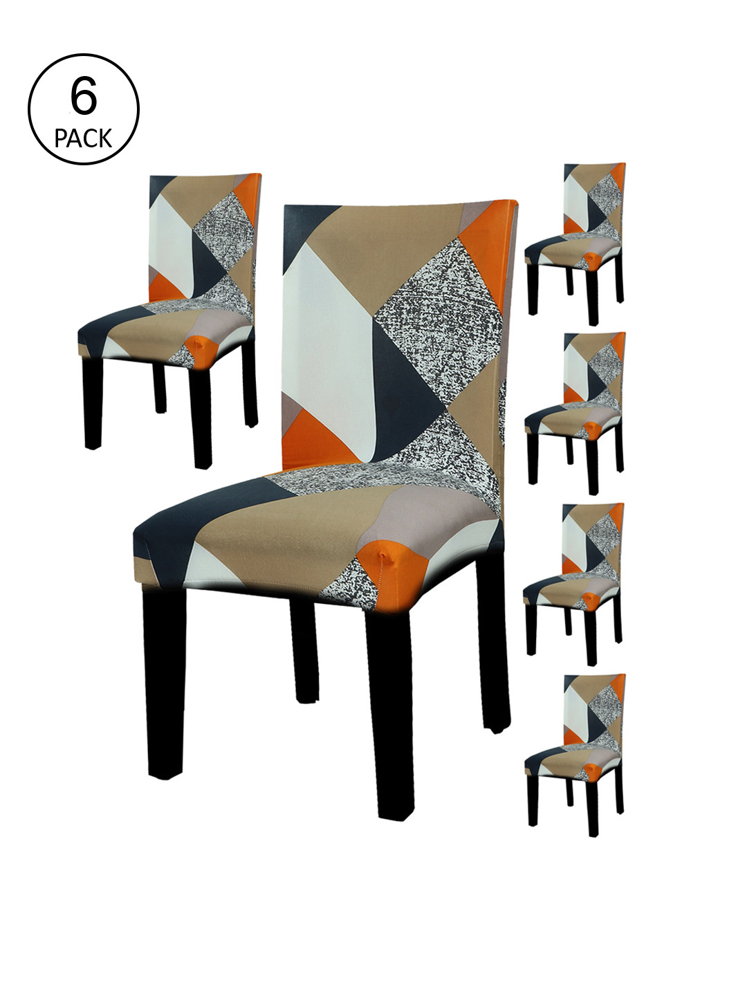 HOUSE OF QUIRK Set Of 6 Black & Orange Printed Removable Chair Covers