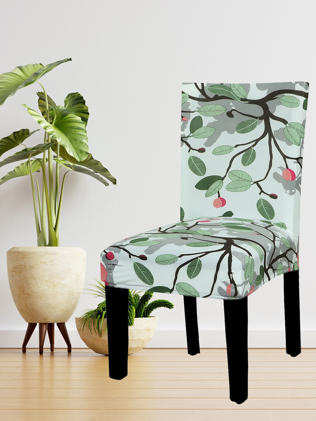 HOUSE OF QUIRK Grey Green Printed Stretch Chair Cover