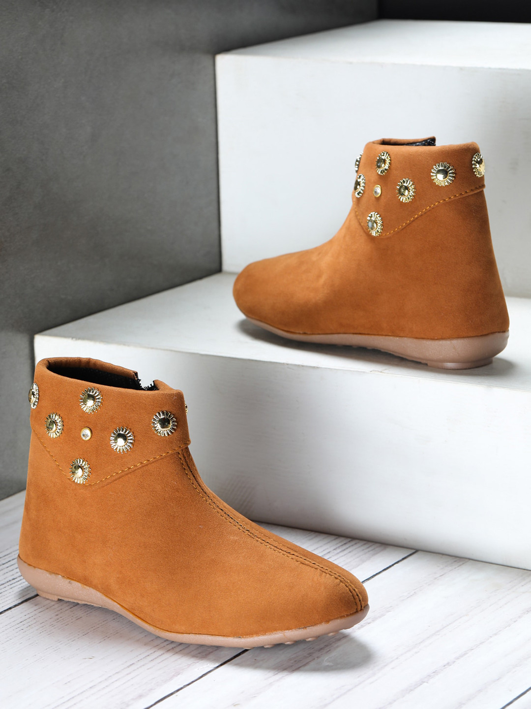 Shezone Women Tan Embellished Flat Boots