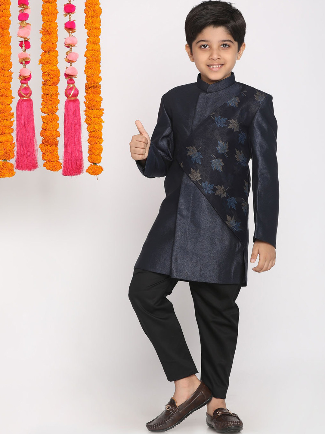 VASTRAMAY Boys Navy Blue Slim-Fit Sherwani Set