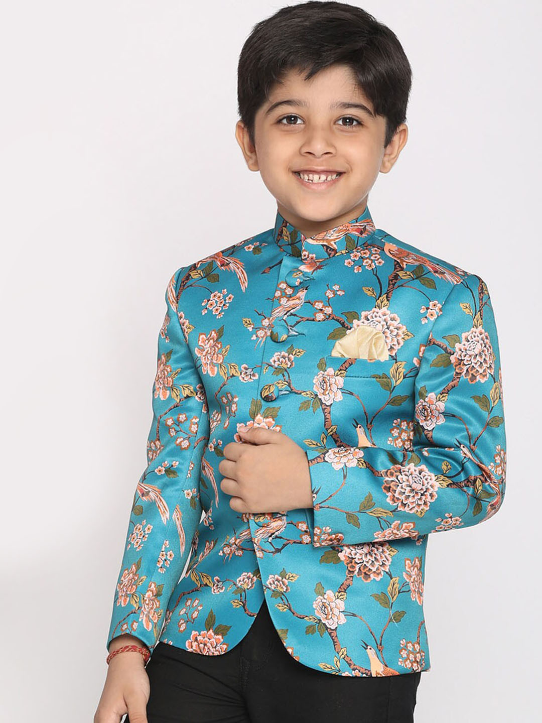 VASTRAMAY Boys Turquoise Blue Printed Bandhgala Blazer