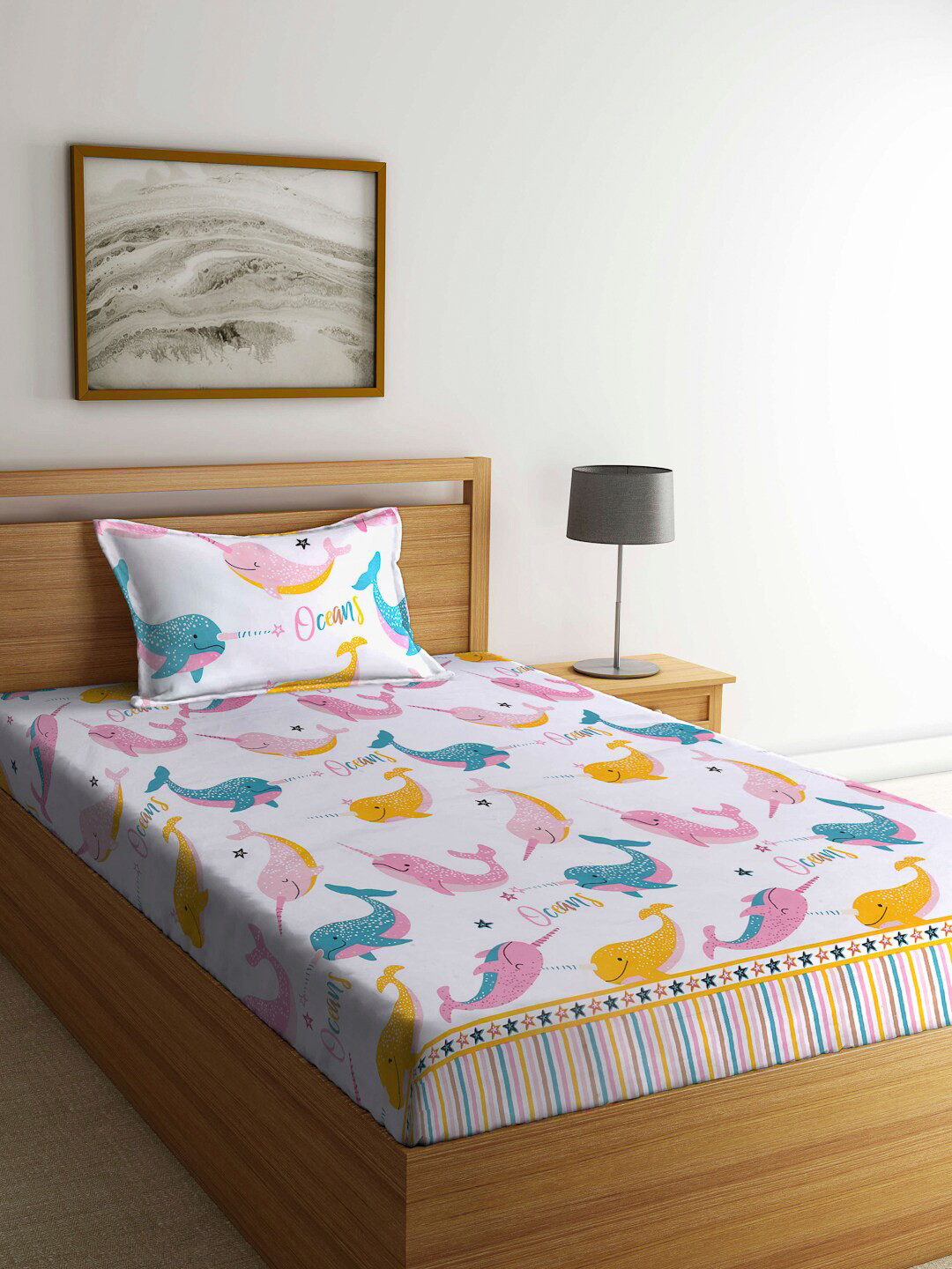 Arrabi White Conversational Polycotton Skin-Friendly 130 TC Single Fine Bedsheet with a Pillow Cover-152 x 229 cm