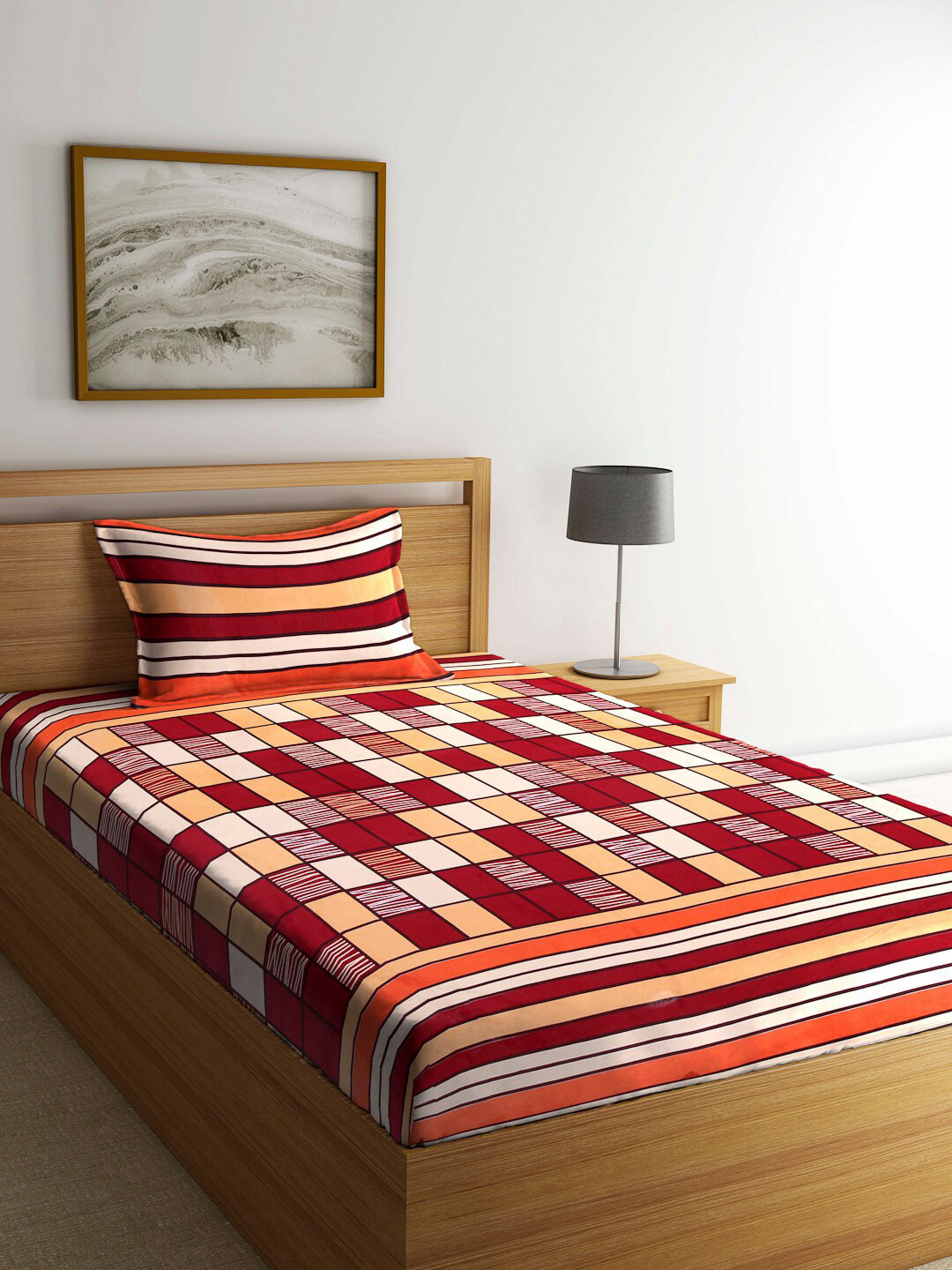Arrabi Red Geometric Polycotton Skin-Friendly 130 TC Single Bedsheet with a Pillow Cover-60 x 90 inches