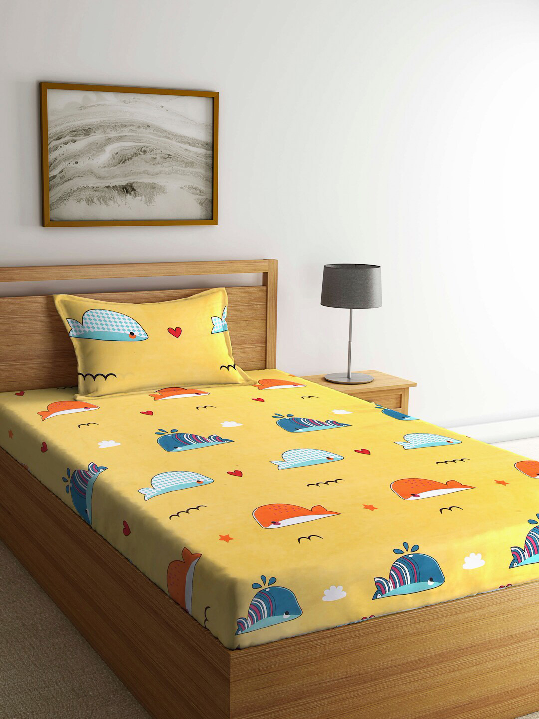 Arrabi Yellow Graphic Polycotton Skin-Friendly 130 TC Single Bedsheet with a Pillow Cover-220 x 150 cm
