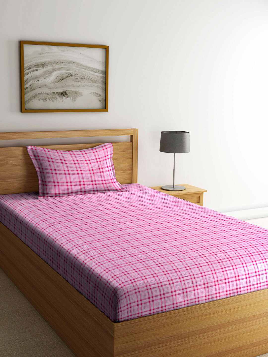 Arrabi Pink Checked Cotton Skin-Friendly 130 TC Single Fine Bedsheet with a Pillow Cover-87 x 59 inches