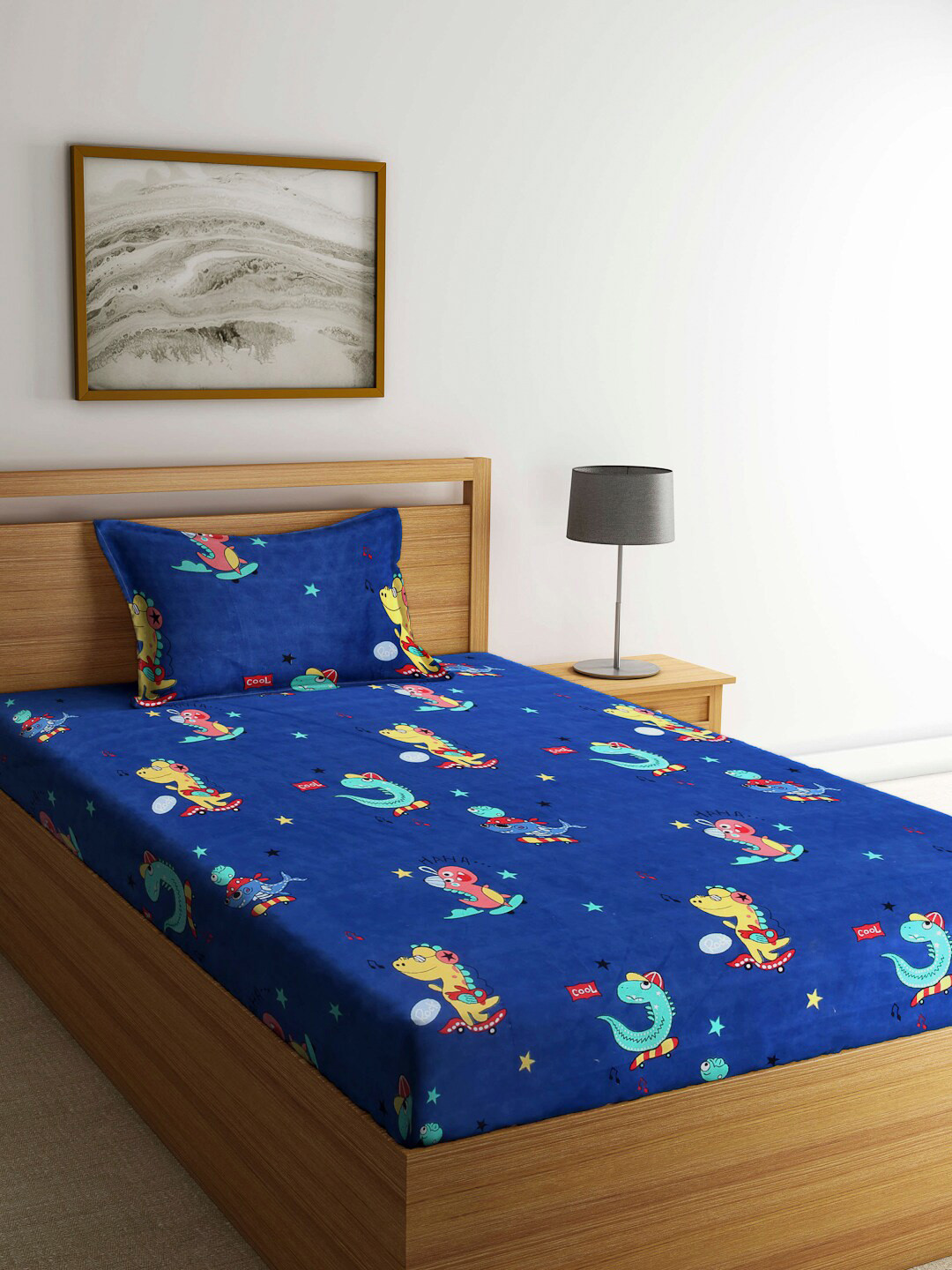 Arrabi Blue Cartoon Characters Polycotton 130 TC Single Bedsheet with a Pillow Cover-87 x 59 inches