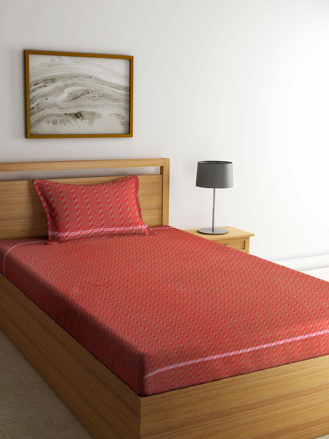 Arrabi Red Geometric Cotton Skin-Friendly 130 TC Single Bedsheet with a Pillow Cover-89 x 59 inches