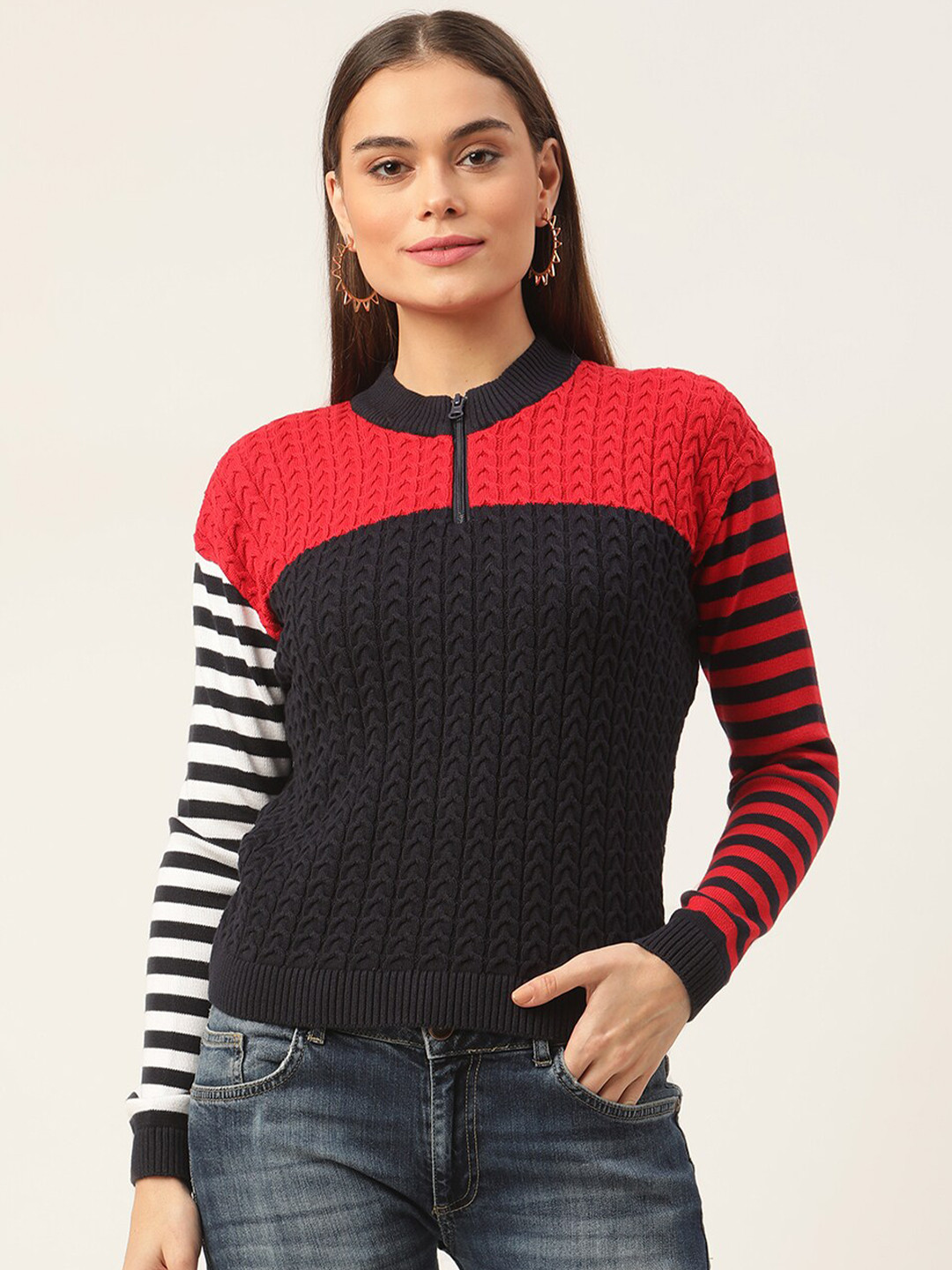 ELLE Women Black & Red Cable Knit Pullover