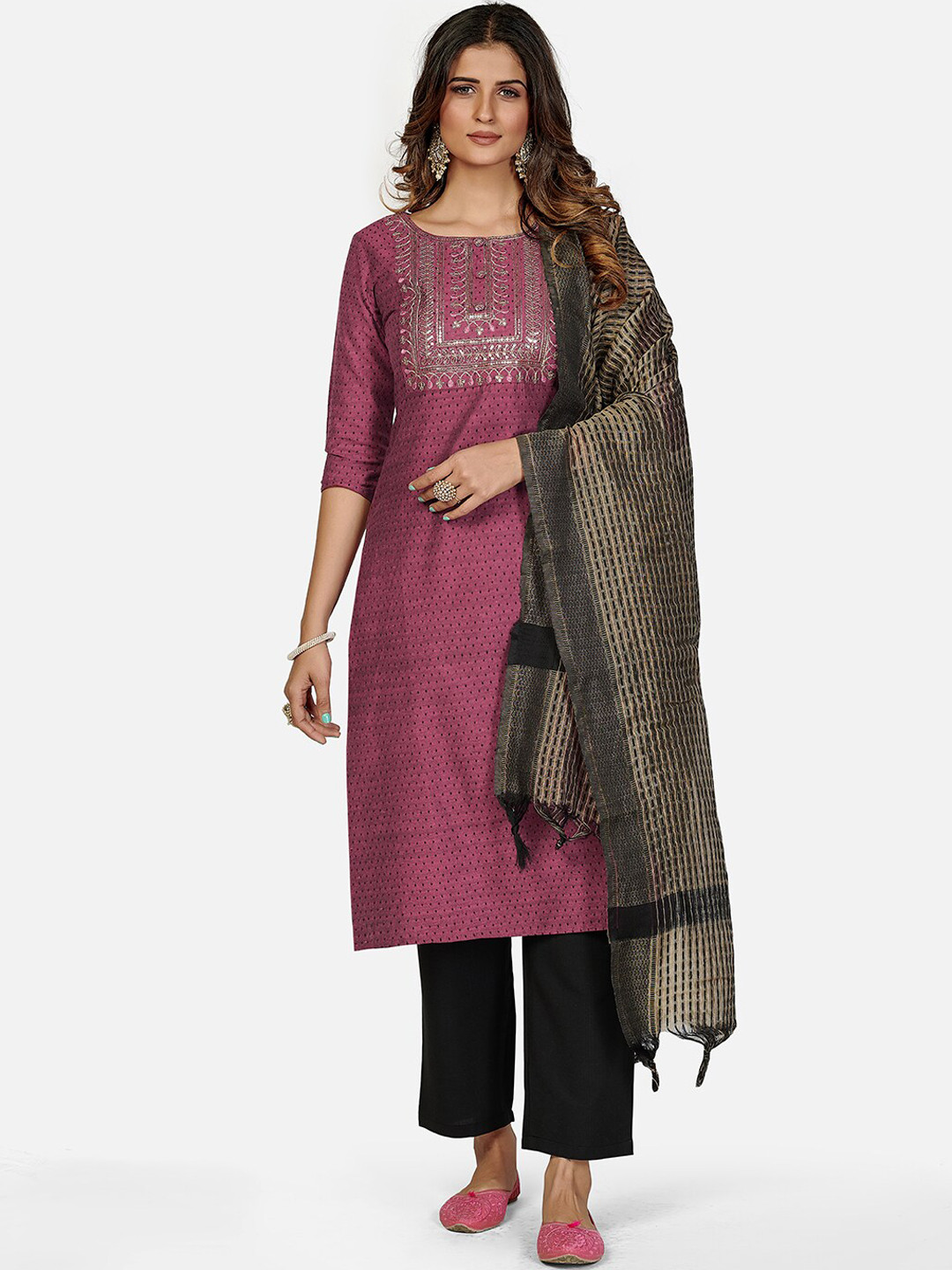 Vbuyz Women Purple & Black Embroidered Cotton Blend Kurta with Trousers & Dupatta
