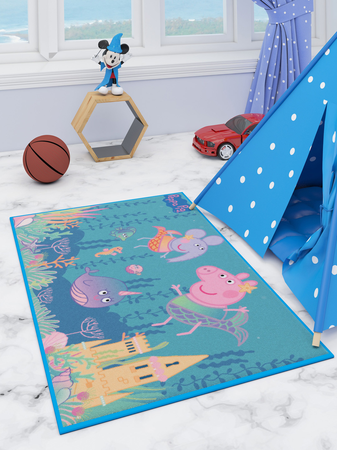 Athom Trendz Kids Blue & Pink Peppa Pig Aqua World Printed Anti Skid Carpet