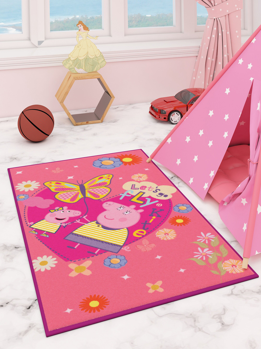 Athom Trendz Kids Pink & Yellow Peppa Pig Printed Carpet
