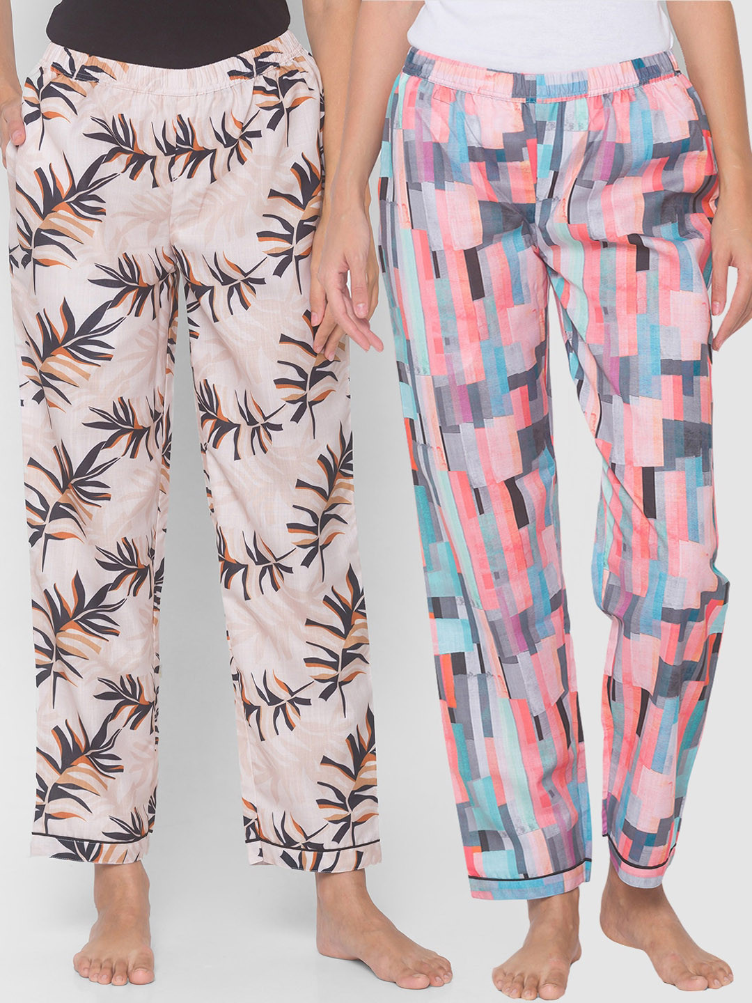 FashionRack Women Pack of 2 Printed Pink & Beige Cotton Lounge Pants