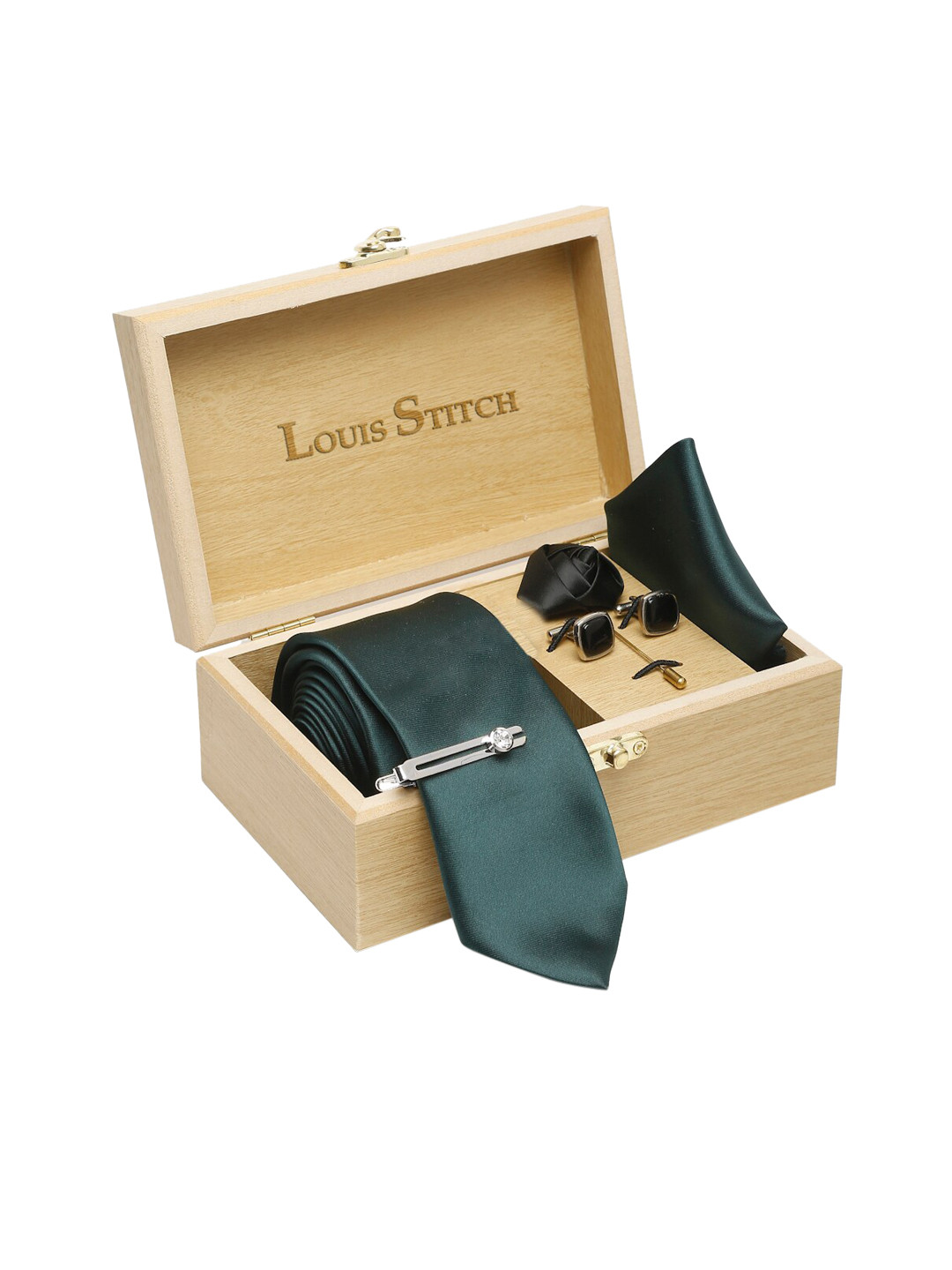 LOUIS STITCH Men Green Solid Italian Silk Accessory Gift Set
