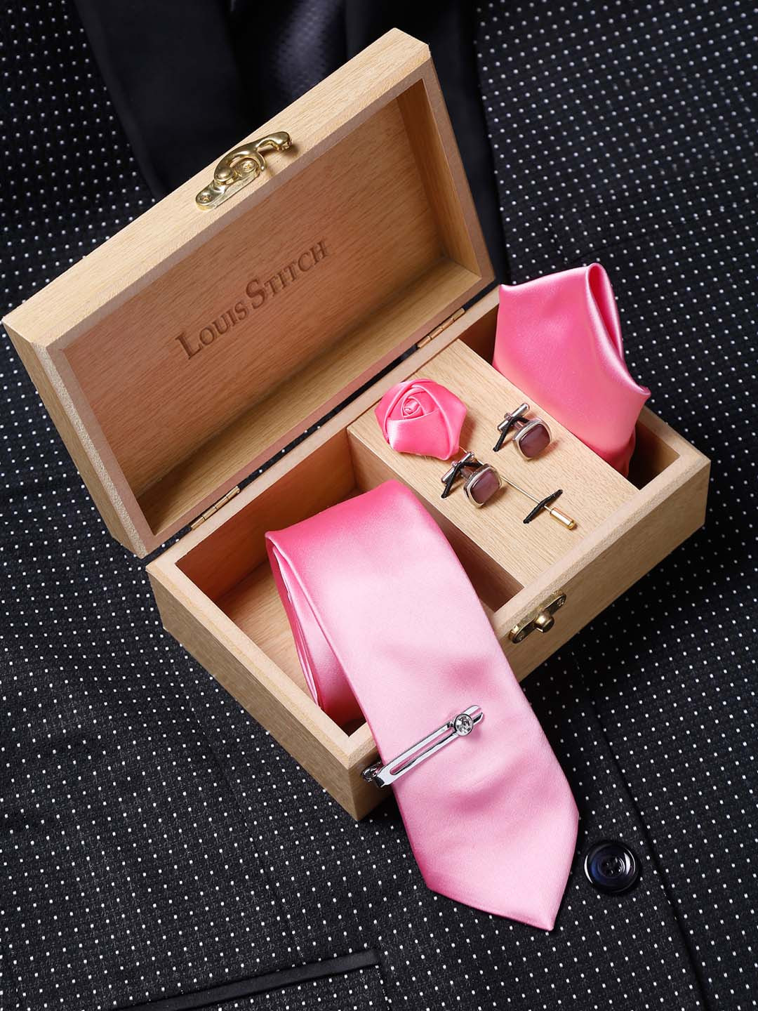 LOUIS STITCH Men Pink Solid Italian Silk Accessory Gift Set